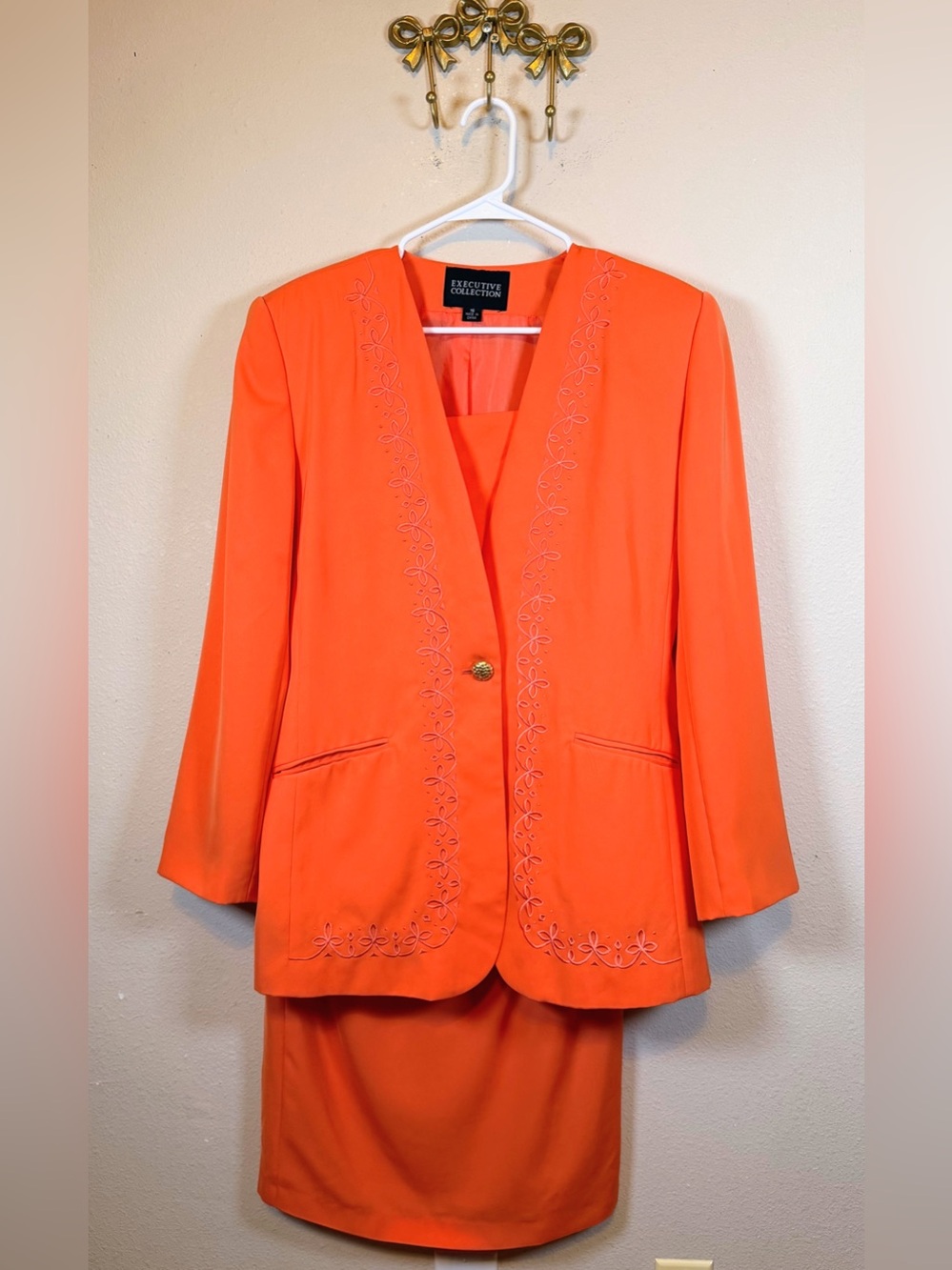 Executive Collection Orange/Coral Embroidered Women's Blazer with Skirt.